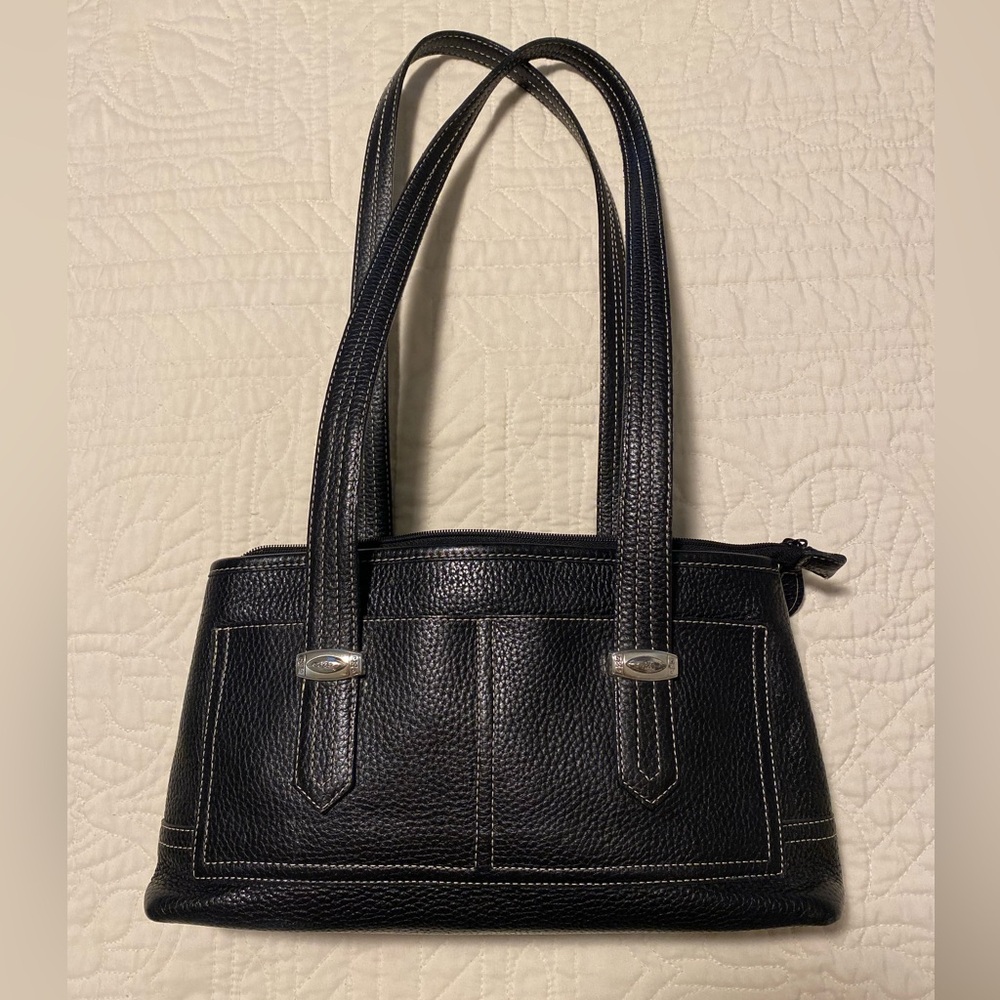 Vintage Brighton Black Pebbled Leather Shoulder Bag - Plaid Lined